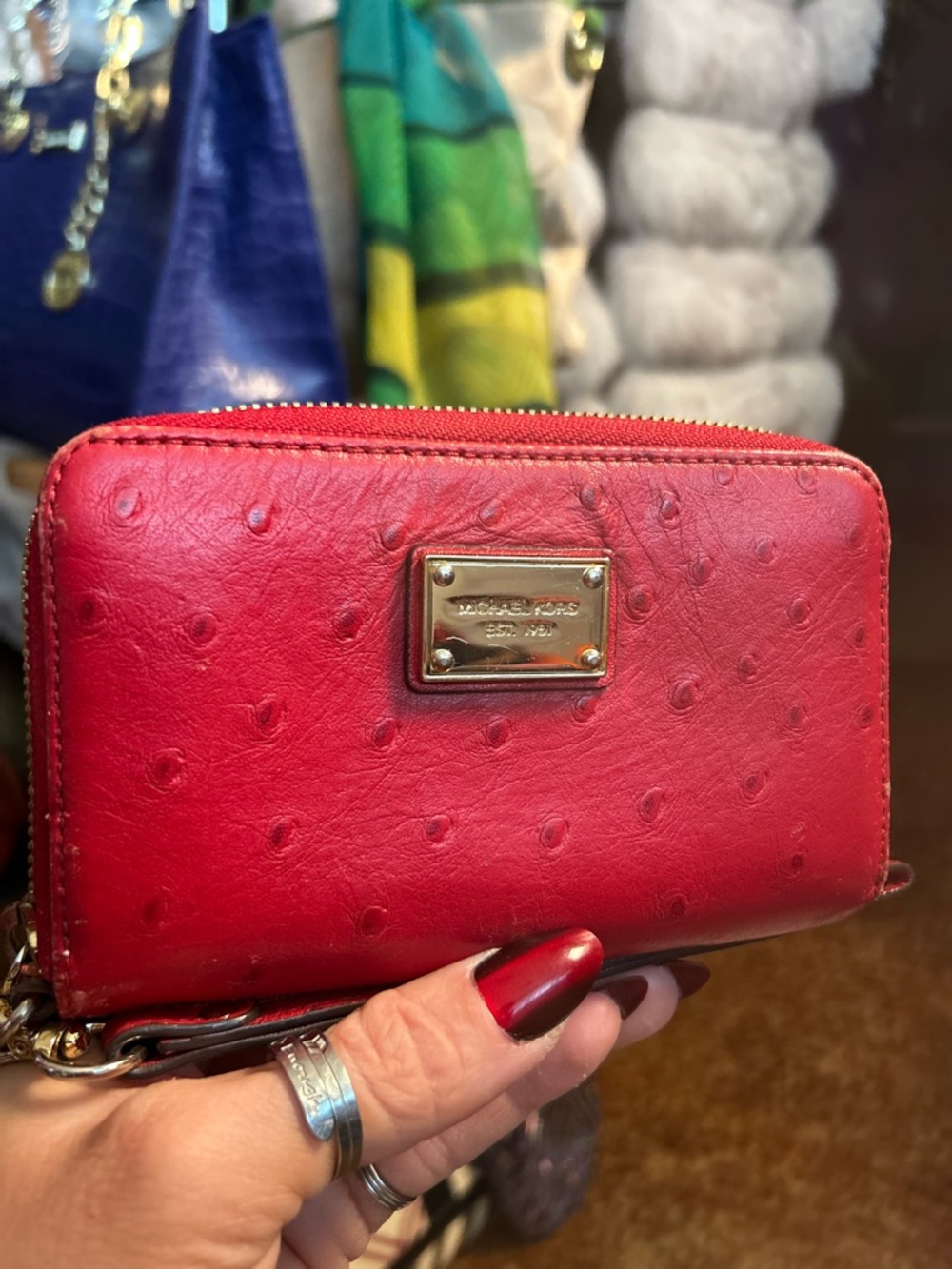 Michael Kors Red Leather Ostrich Textured Zip-Around Wristlet Wallet LIKE NEW!